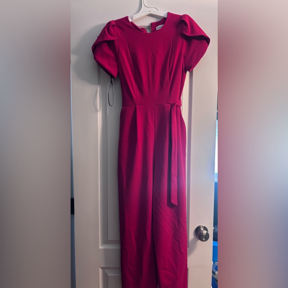 Calvin Klein Belted Tulip Sleeve Red Jumpsuit
